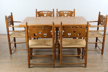 Load image into Gallery viewer, Vintage Maple Farmhouse Dining Table with 6 Rush Seat Chairs and Two Leaves