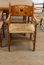 Load image into Gallery viewer, Vintage Maple Farmhouse Dining Table with 6 Rush Seat Chairs and Two Leaves