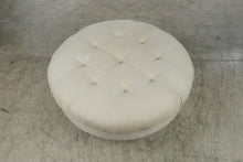 Load image into Gallery viewer, Ethan Allen Round Tufted Ottoman – Cream Upholstery & Brass Casters