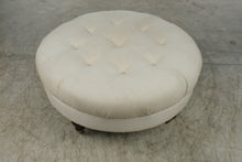 Load image into Gallery viewer, Ethan Allen Round Tufted Ottoman – Cream Upholstery & Brass Casters