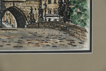 Load image into Gallery viewer, Original Signed Charles Bridge Prague Ink and Watercolor Drawing Old Town Bridge Tower Framed