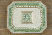 Load image into Gallery viewer, Fitz & Floyd Classics Gregorian Collection 16” Handcrafted Ceramic Serving Platter – Embossed Tree & Leaf Motif, Gold & Green Trim