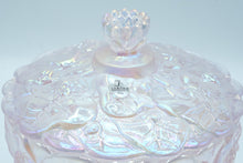 Load image into Gallery viewer, Champagne Satin Pedestal Candy Dish with Floral Relief – Fenton Art Glass