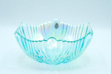 Load image into Gallery viewer, Art Glass Bowl with Matching Candlesticks – Iridescent Aqua Ribbed Glass, Fenton Handmade USA