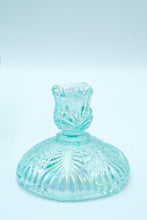 Load image into Gallery viewer, Art Glass Bowl with Matching Candlesticks – Iridescent Aqua Ribbed Glass, Fenton Handmade USA