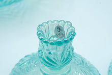 Load image into Gallery viewer, Art Glass Bowl with Matching Candlesticks – Iridescent Aqua Ribbed Glass, Fenton Handmade USA