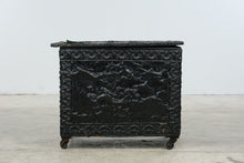 Load image into Gallery viewer, Antique Embossed Metal Clad Wood Chest Asian Figural Scenes on Casters