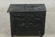 Load image into Gallery viewer, Antique Embossed Metal Clad Wood Chest Asian Figural Scenes on Casters
