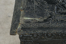 Load image into Gallery viewer, Antique Embossed Metal Clad Wood Chest Asian Figural Scenes on Casters