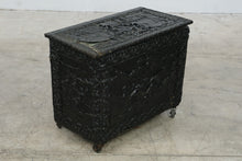 Load image into Gallery viewer, Antique Embossed Metal Clad Wood Chest Asian Figural Scenes on Casters