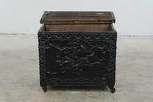 Load image into Gallery viewer, Antique Embossed Metal Clad Wood Chest Asian Figural Scenes on Casters