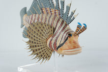 Load image into Gallery viewer, Hand-Carved Lionfish Sculpture on Lucite Stand – Articulated Wooden Tropical Fish, Nautical Coastal Decor