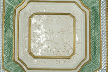 Load image into Gallery viewer, Fitz & Floyd Home Fragrance Collection 11” Handcrafted Ceramic Decorative Tray – Green & Gold Embossed Leaf Design