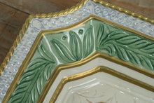 Load image into Gallery viewer, Fitz & Floyd Home Fragrance Collection 11” Handcrafted Ceramic Decorative Tray – Green & Gold Embossed Leaf Design