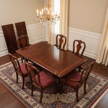 Load image into Gallery viewer, Flame Mahogany Double Pedestal Dining Table with Six Queen Anne Chairs and Two Leaves