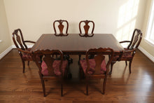Load image into Gallery viewer, Flame Mahogany Double Pedestal Dining Table with Six Queen Anne Chairs and Two Leaves