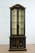 Load image into Gallery viewer, Antique Chinoiserie Display Cabinet by Flint and Horner Black Painted Curio Cabinet with Hand Painted Bird Motifs