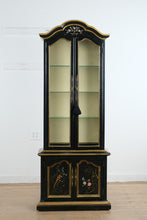 Load image into Gallery viewer, Antique Chinoiserie Display Cabinet by Flint and Horner Black Painted Curio Cabinet with Hand Painted Bird Motifs