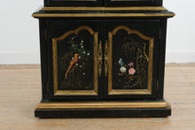 Load image into Gallery viewer, Antique Chinoiserie Display Cabinet by Flint and Horner Black Painted Curio Cabinet with Hand Painted Bird Motifs
