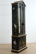 Load image into Gallery viewer, Antique Chinoiserie Display Cabinet by Flint and Horner Black Painted Curio Cabinet with Hand Painted Bird Motifs
