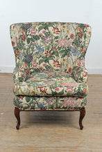 Load image into Gallery viewer, Vintage Floral Upholstered Wingback Lounge Chair with Mahogany Cabriole Legs
