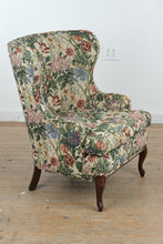 Load image into Gallery viewer, Vintage Floral Upholstered Wingback Lounge Chair with Mahogany Cabriole Legs