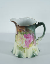 Load image into Gallery viewer, Antique Hand-Painted Porcelain Pitcher – Victorian Roses & Fluted Skirt Base – 8" Tall