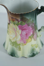 Load image into Gallery viewer, Antique Hand-Painted Porcelain Pitcher – Victorian Roses & Fluted Skirt Base – 8" Tall