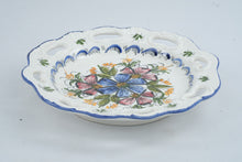 Load image into Gallery viewer, Hand Painted Floral Ceramic Bowl Pierced Scalloped Rim Blue Pink 11 Inch