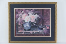 Load image into Gallery viewer, Large Glenna Kurz Floral Still Life Print – Peonies & Lilacs in Blue Vase – 39" x 32.5" Gold Ornate Frame