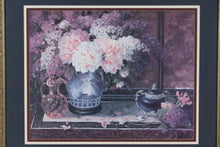 Load image into Gallery viewer, Large Glenna Kurz Floral Still Life Print – Peonies & Lilacs in Blue Vase – 39" x 32.5" Gold Ornate Frame