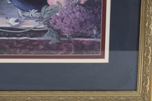 Load image into Gallery viewer, Large Glenna Kurz Floral Still Life Print – Peonies & Lilacs in Blue Vase – 39" x 32.5" Gold Ornate Frame