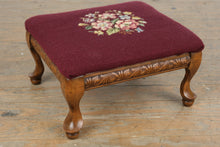 Load image into Gallery viewer, Vintage Needlepoint Footstool Queen Anne Style Wood Ottoman Floral Burgundy