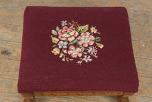 Load image into Gallery viewer, Vintage Needlepoint Footstool Queen Anne Style Wood Ottoman Floral Burgundy