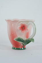 Load image into Gallery viewer, Two’s Company Handblown Pink Floral Art Glass Teacup with Leaf Handle