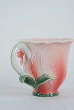 Load image into Gallery viewer, Two’s Company Handblown Pink Floral Art Glass Teacup with Leaf Handle