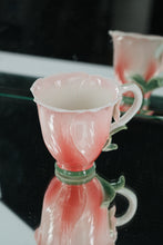 Load image into Gallery viewer, Two’s Company Handblown Pink Floral Art Glass Teacup with Leaf Handle