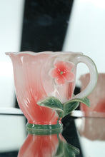 Load image into Gallery viewer, Two’s Company Handblown Pink Floral Art Glass Teacup with Leaf Handle