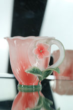 Load image into Gallery viewer, Two’s Company Handblown Pink Floral Art Glass Teacup with Leaf Handle