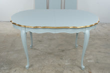 Load image into Gallery viewer, Vintage French Provincial Dining Table 3 Leaves Blue Gold Cabriole Legs