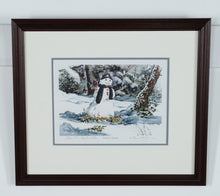Load image into Gallery viewer, William Mangum Signed Print – “Frosty’s Friend” Framed Winter Snowman Scene (Personalized)
