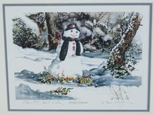 Load image into Gallery viewer, William Mangum Signed Print – “Frosty’s Friend” Framed Winter Snowman Scene (Personalized)