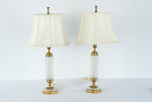 Load image into Gallery viewer, Vintage Hollywood Regency Crystal Style Pressed Glass Brass Table Lamps Pair