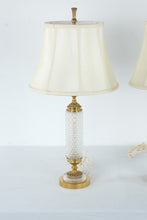 Load image into Gallery viewer, Vintage Hollywood Regency Crystal Style Pressed Glass Brass Table Lamps Pair