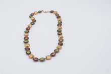 Load image into Gallery viewer, Murano Style Foil Glass Bead Necklace Green Copper Gold Artisan Jewelry