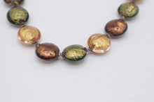 Load image into Gallery viewer, Murano Style Foil Glass Bead Necklace Green Copper Gold Artisan Jewelry