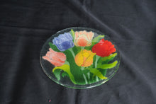 Load image into Gallery viewer, Hand Painted Fused Glass Tulip Serving Platter Round Art Glass Plate Signed 2000