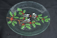 Load image into Gallery viewer, Peggy Karr Chickadees Holly Fused Glass Serving Platter Christmas 11.5 Inch