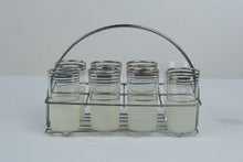 Load image into Gallery viewer, Vintage Silver Banded Drinking Glasses Set of 8 with Chrome Wire Carrier