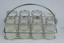 Load image into Gallery viewer, Vintage Silver Banded Drinking Glasses Set of 8 with Chrome Wire Carrier